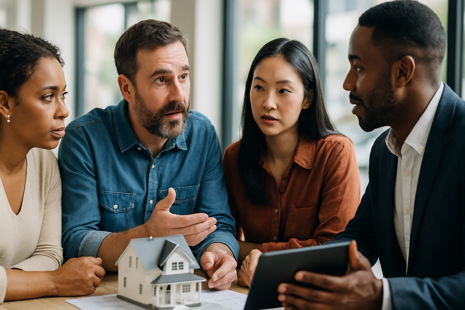 Grupo diverso discutindo opções imobiliárias em um espaço aberto.