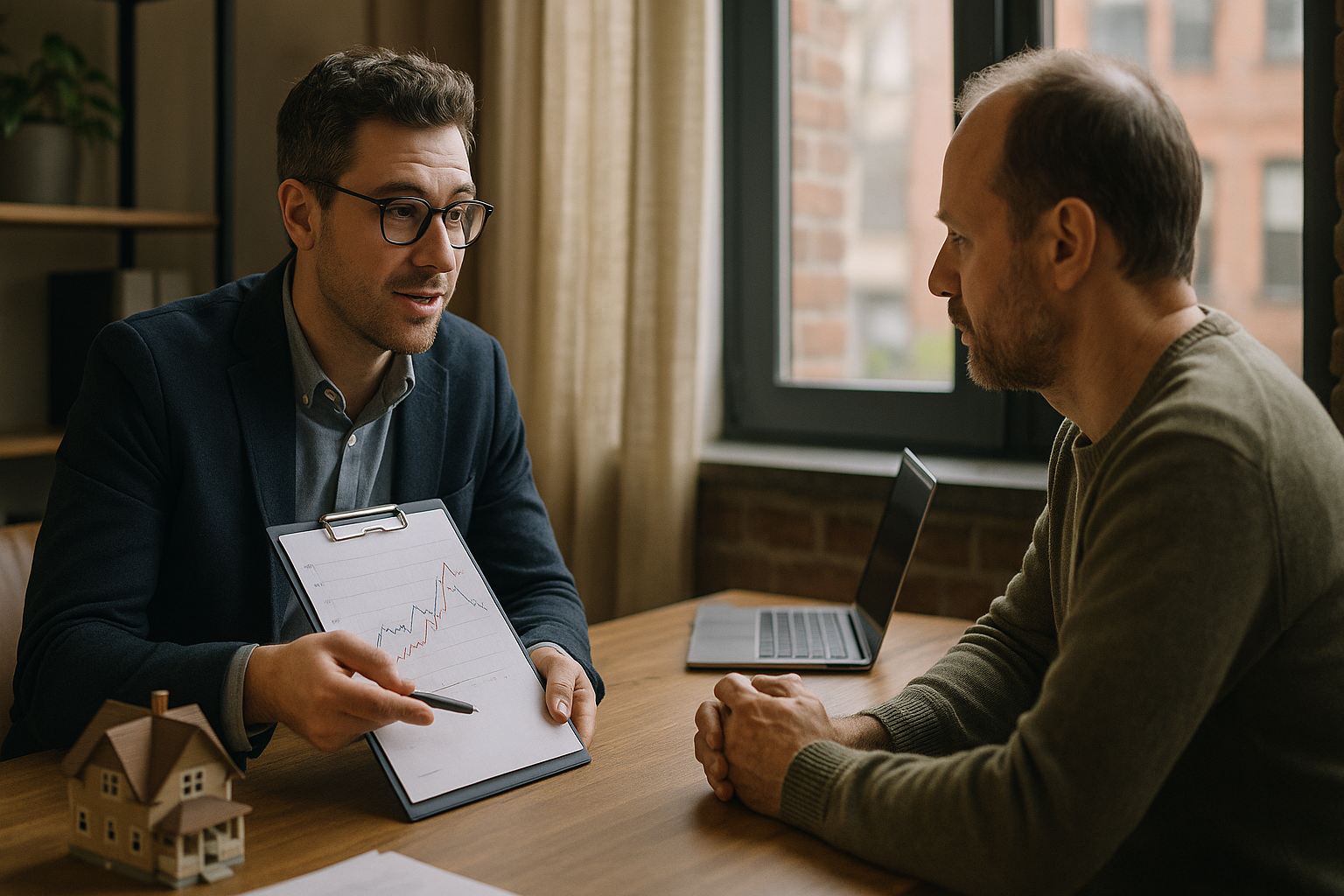 Consultor imobiliário explicando tendências de mercado a um cliente.