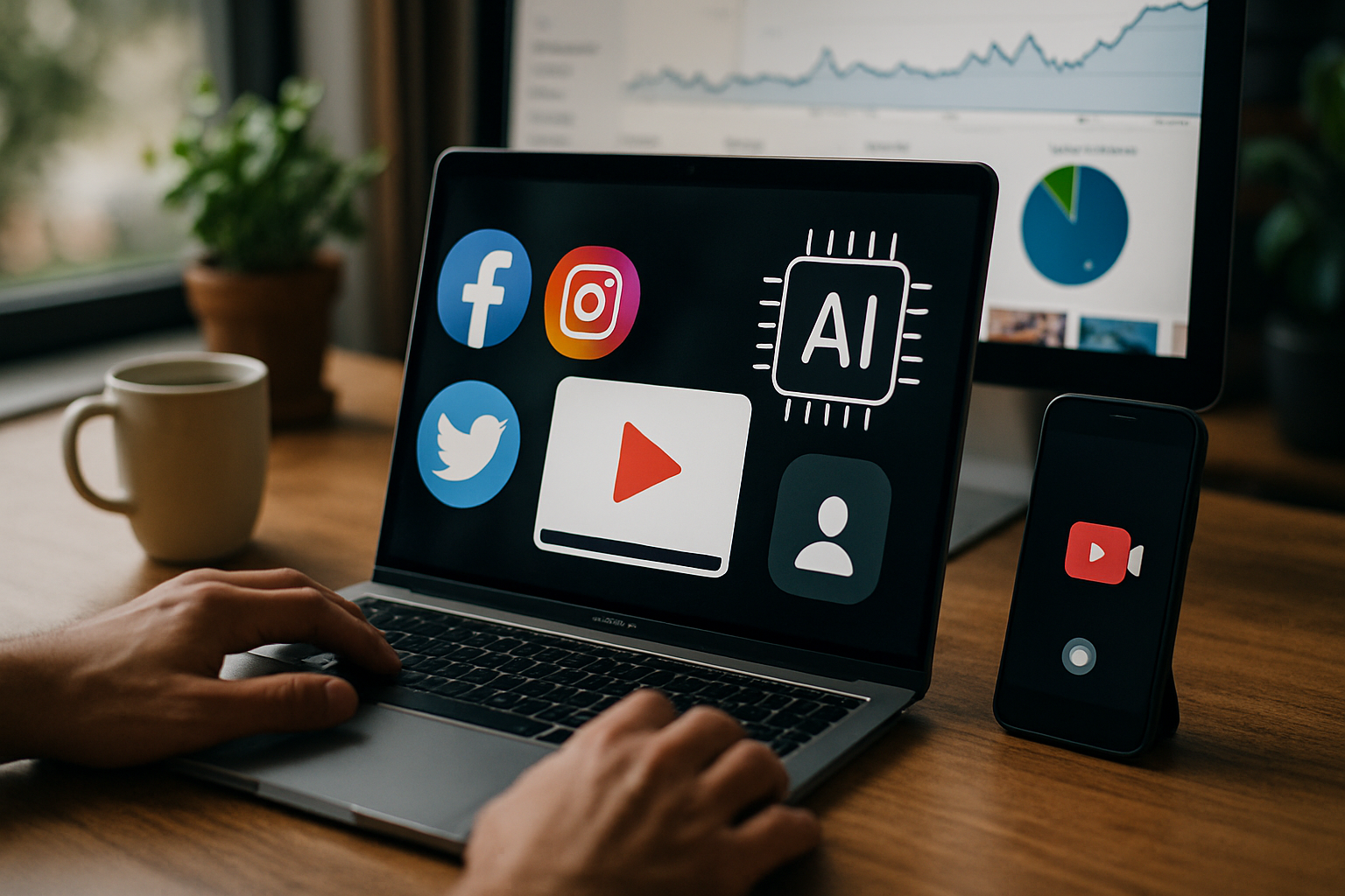Paisagem de marketing digital com redes sociais, vídeos e IA