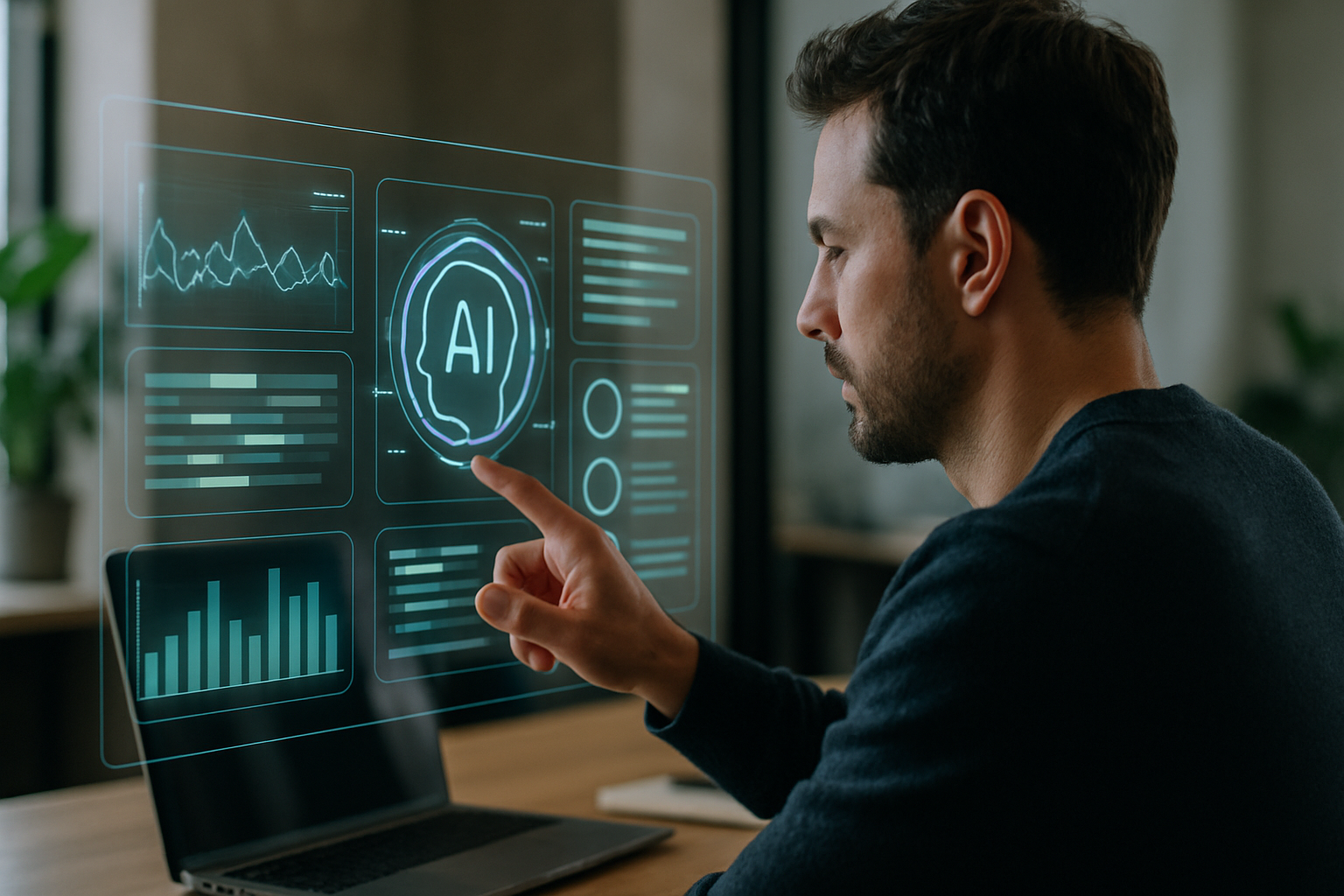 Pessoa interagindo com uma interface de IA futurista em um ambiente moderno