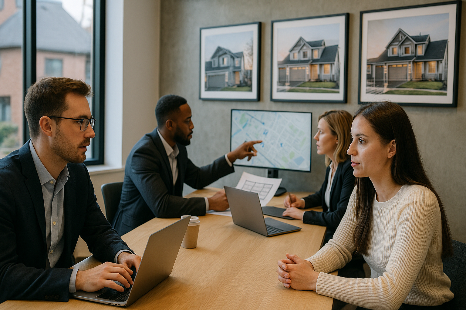 Agentes imobiliários discutindo estratégias em um escritório moderno.