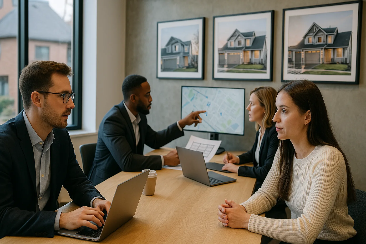 Agentes imobiliários discutindo estratégias em um escritório moderno.