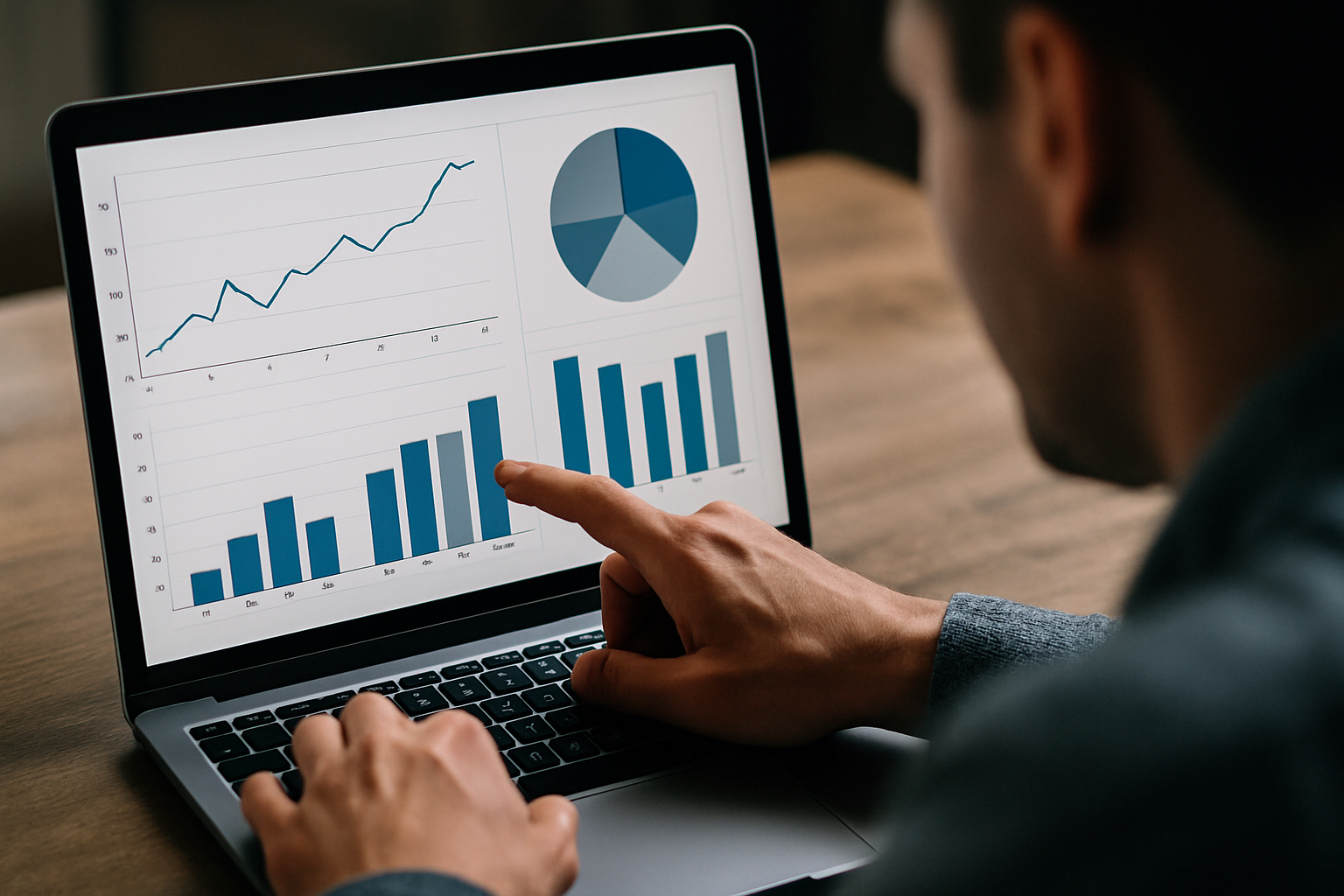 Pessoa analisando dados em um laptop com gráficos visíveis.