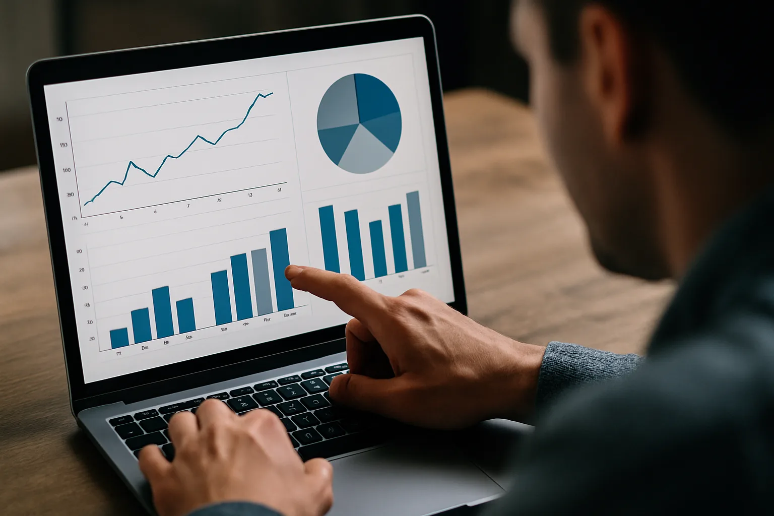 Pessoa analisando dados em um laptop com gráficos visíveis.