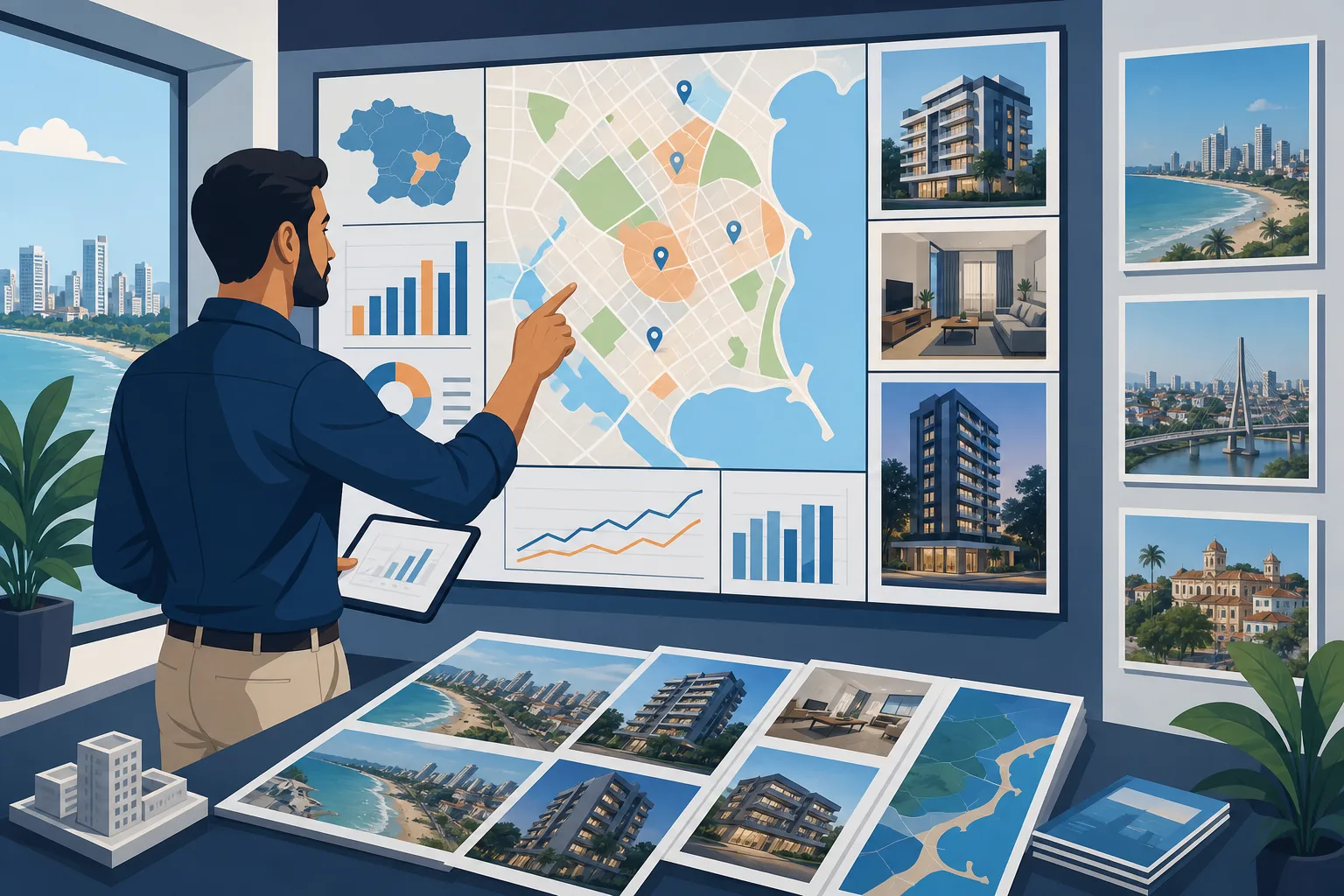 Corretor imobiliário brasileiro analisando mapas e dados de mercado em escritório