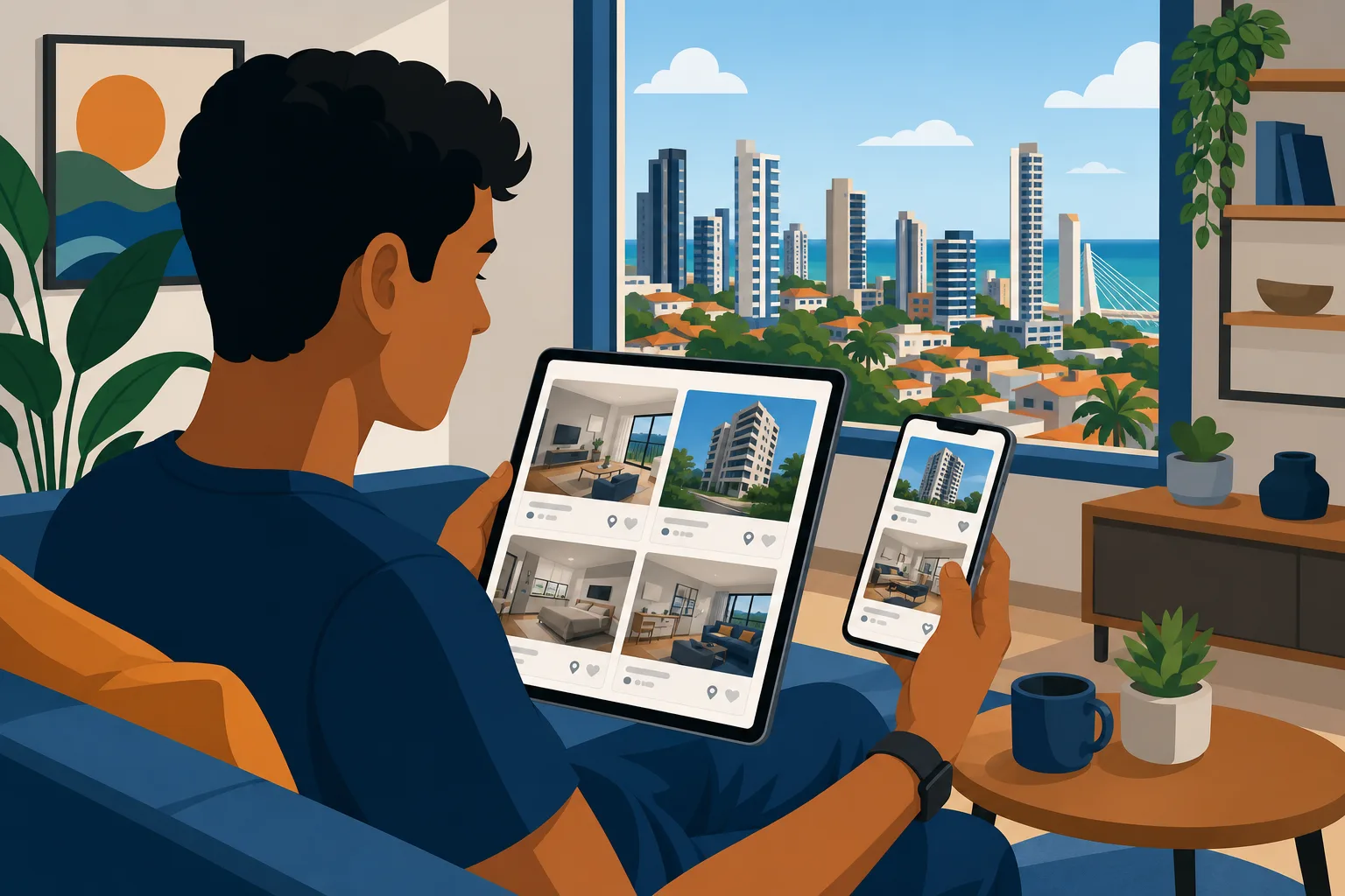 Jovem brasileiro comparando imóveis em tablet e smartphone na sala de estar