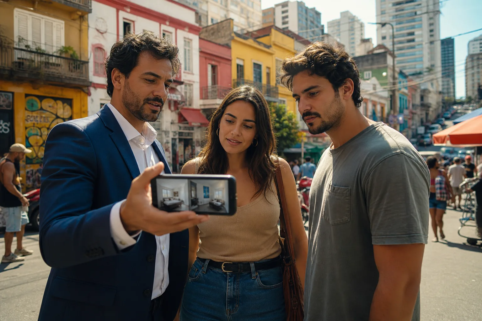 Corretor mostrando fotos de apartamentos para casal em rua movimentada de São Paulo