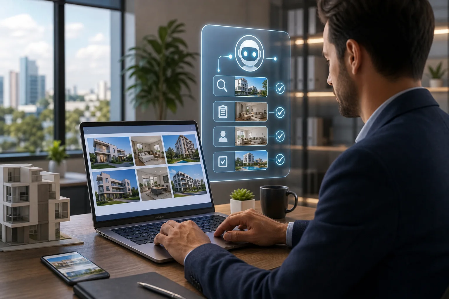 Corretor brasileiro usando IA para executar tarefas imobiliárias automaticamente no escritório moderno