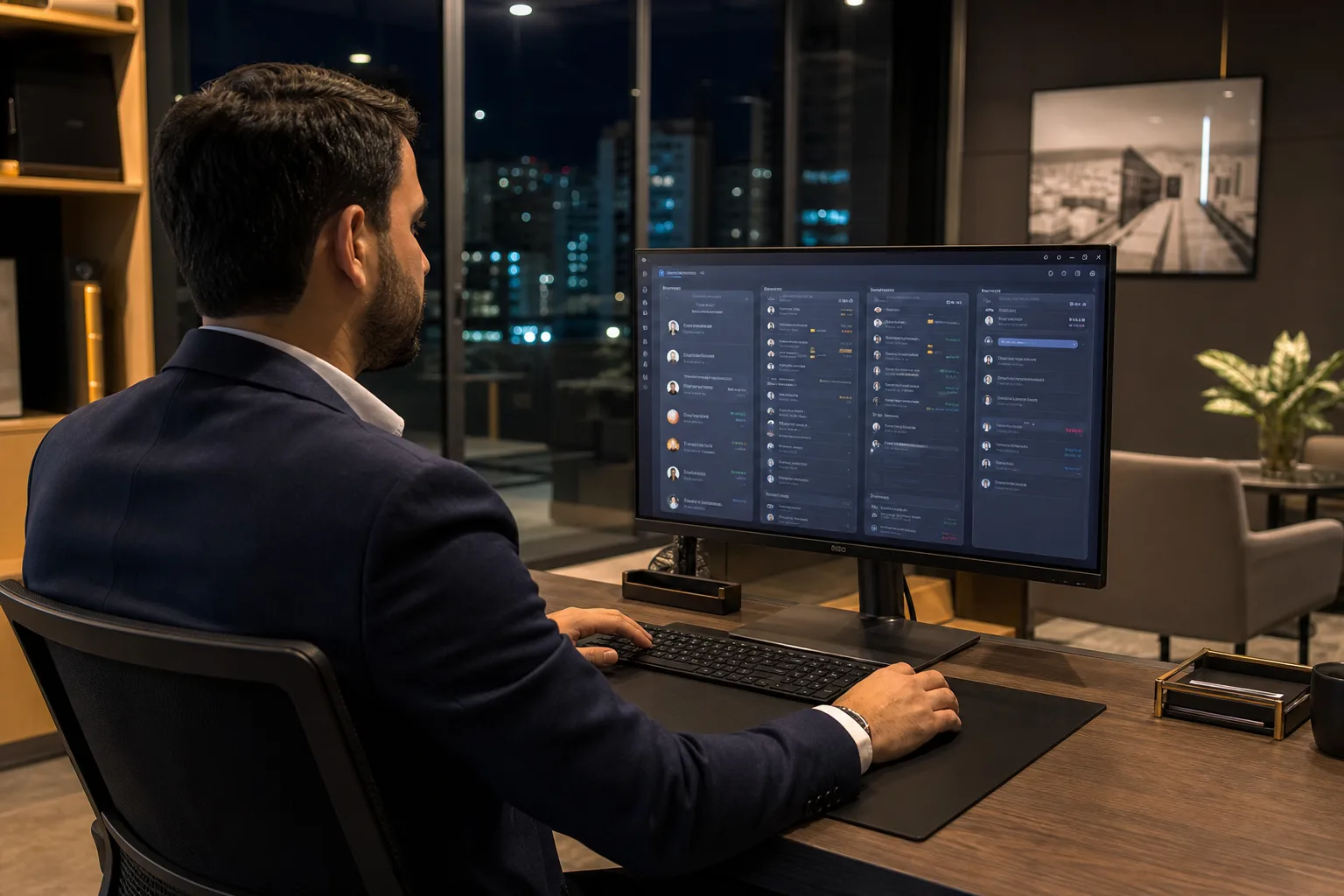 Assistente digital organizando informações de clientes em escritório imobiliário à noite