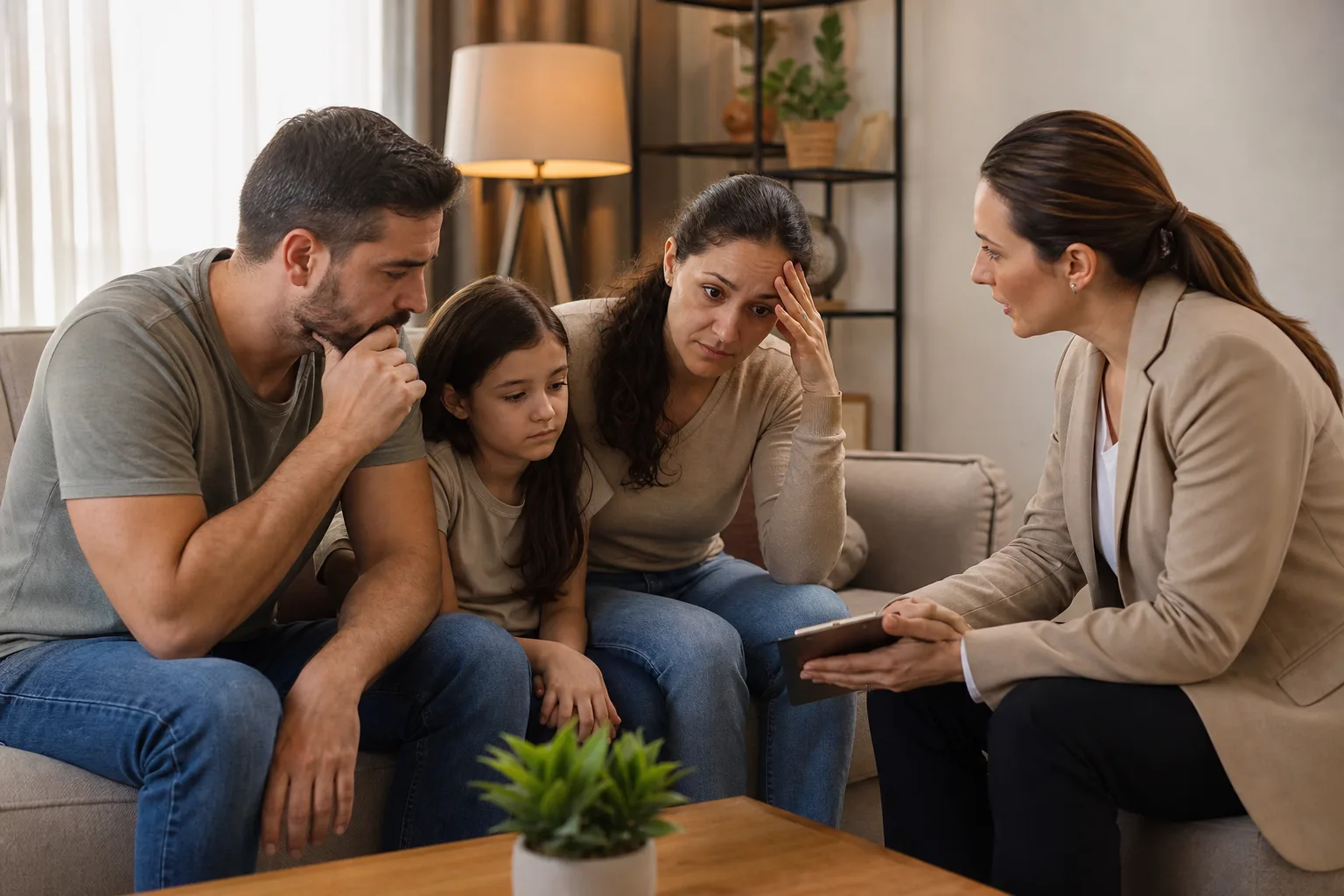 Corretor imobiliário confortando família preocupada em sala de estar acolhedora