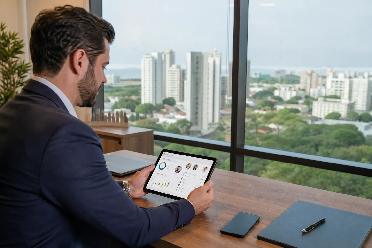 Corretor imobiliário consultando dados resumidos do cliente antes do atendimento