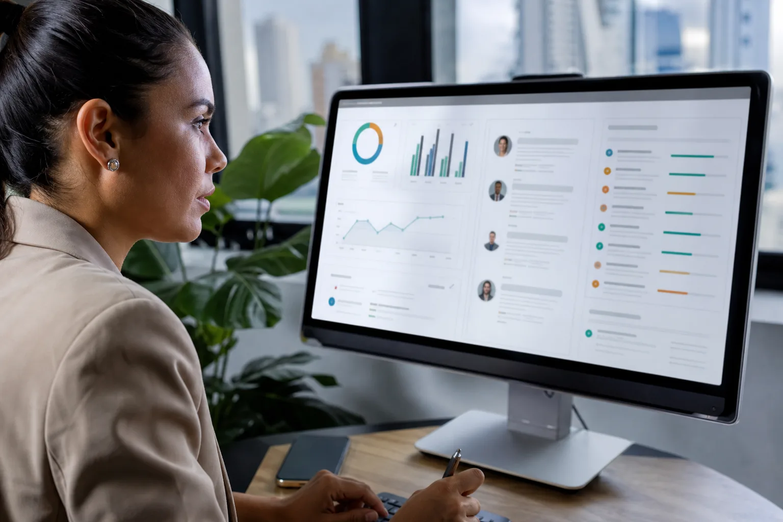 Corretor analisando dados detalhados de clientes em painel digital moderno