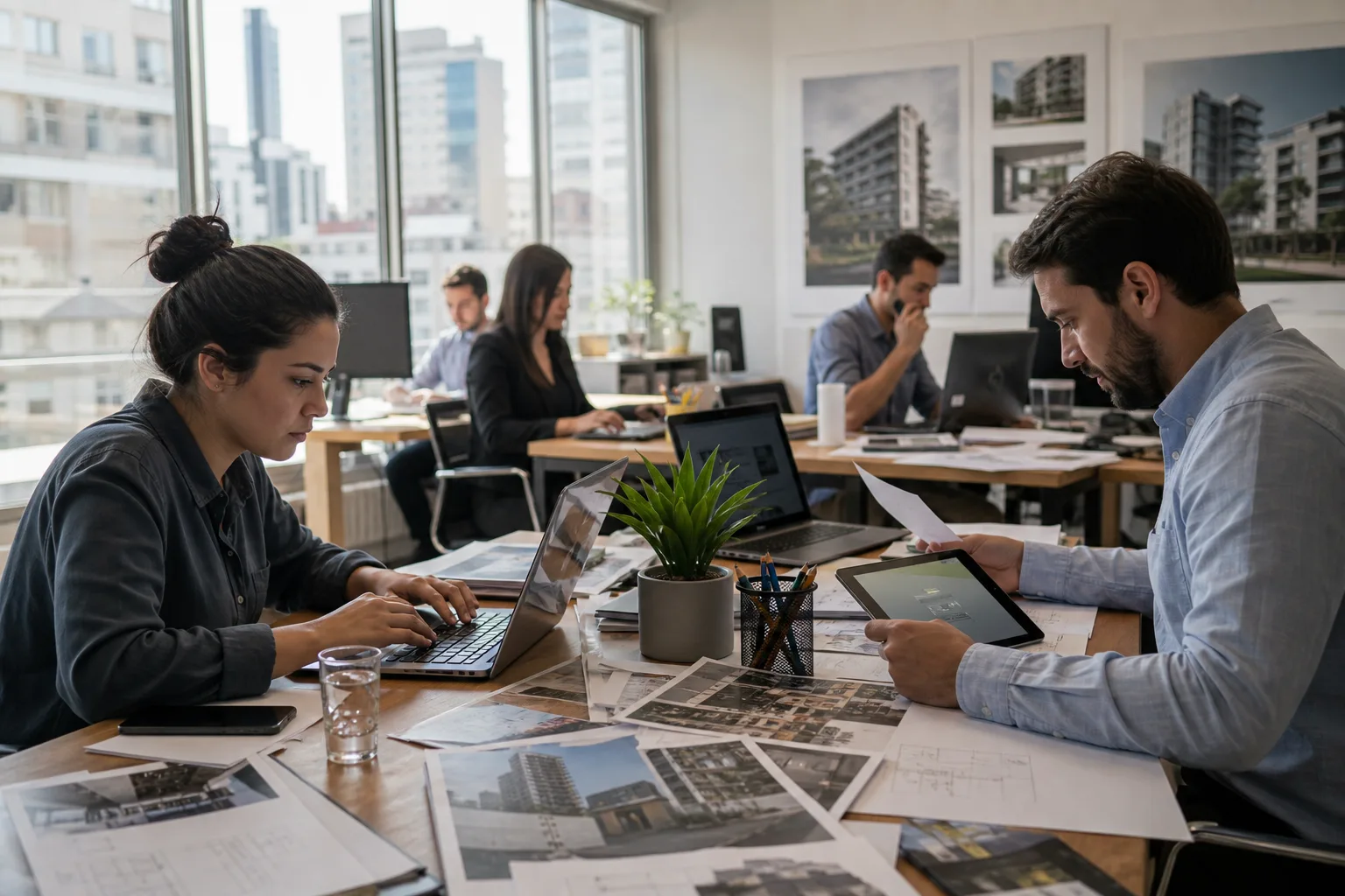 Corretores em escritório imobiliário acelerando produção de conteúdo em ambiente urbano moderno