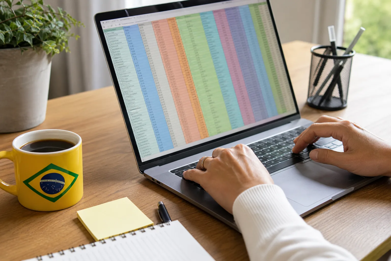 Mãos organizando planilha de leads em laptop com café brasileiro ao lado